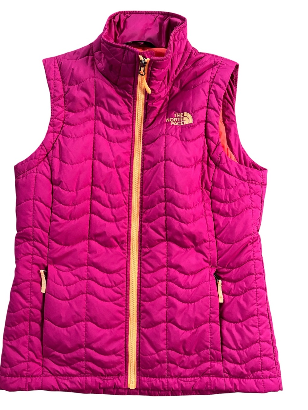 The North Face Women’s Hot Pink Quilted Vest with Orange Trim